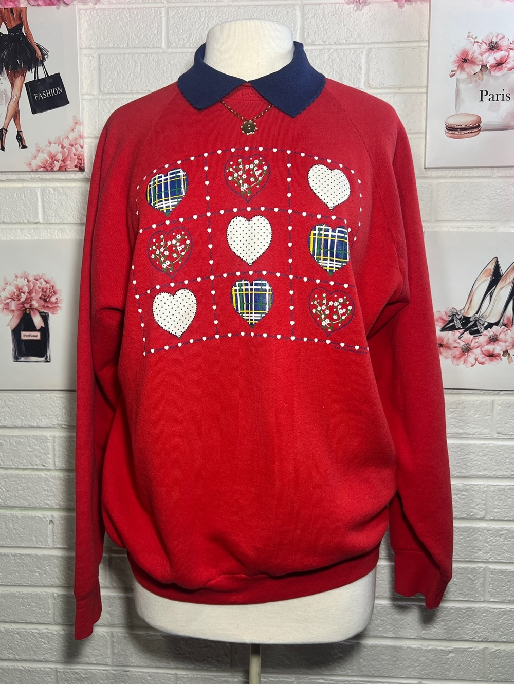Vintage Fruit of the Loom Red Crewneck Sweatshirt with Navy Collar